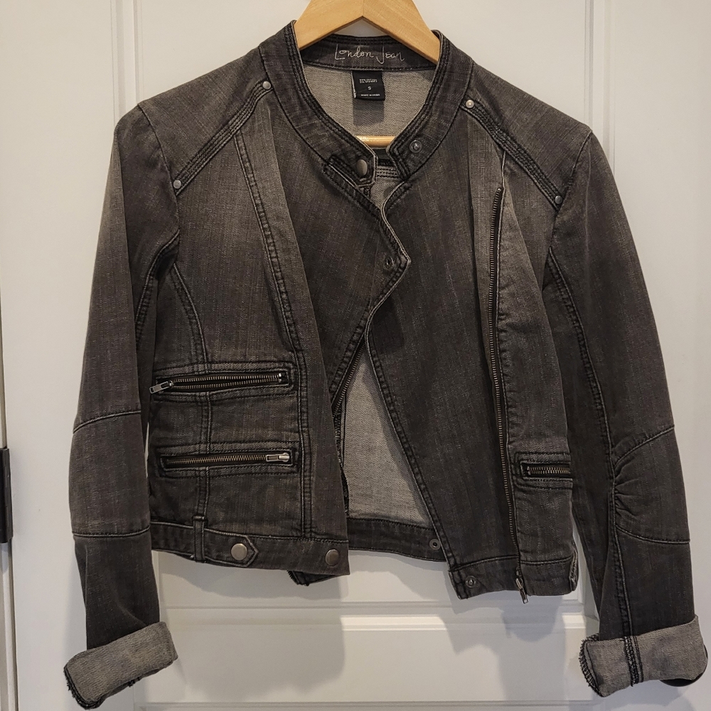 Black denim moto-style jean jacket